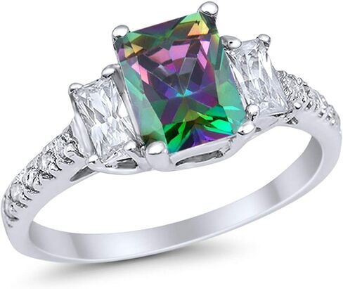 Blue Apple Co. Emerald قطع ثلاثة خاتم خطوبة الزفاف جولة Zirconia Cubic 925 Sterling Silver in Kuwait