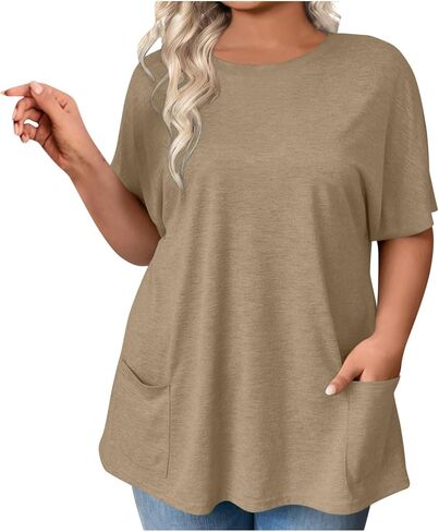 HVEESH PLUS SIZE TUNIC TOPS للنساء فضفاضة في الصيف 2025 TSHIRTS TSHIRTS مع جيوب in Kuwait