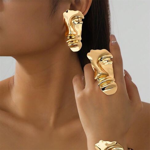 Dtja Vintage Human Half Face Statement Ring for Women Men Gold Plated Adjustable Expandable Large Wide Open Wrap Band Rings Comfort Fit Creative Artistic Birthday Graduation BFF Gift in Saudi Arabia