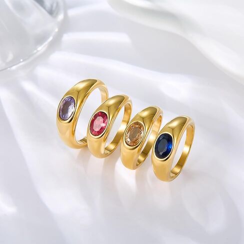 Birthstone Ring for women Stainless Steel 14K Gold Plated Chunky Dome Statement Ring for Women size 6-9 in Kuwait