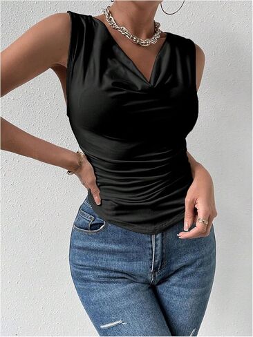 Floerns Women's Sleeveless Draped Cowl Neck Asymmetrical Hem Ruched Tank Top in Saudi Arabia