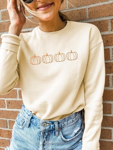 Fall Pumpkin Sweatshirts Women Halloween Embroidered Shirt Thanksgiving Lightweight Pullover Tops Autumn Crewneck Shirts in Saudi Arabia