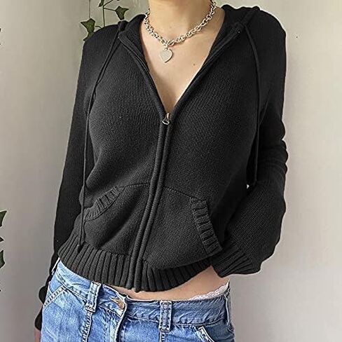 kmbangi zip up محصول هوديس للنساء المحبوكة عتيقة مقنعين y2k مضلعة swingsherp مع جيب in Saudi Arabia
