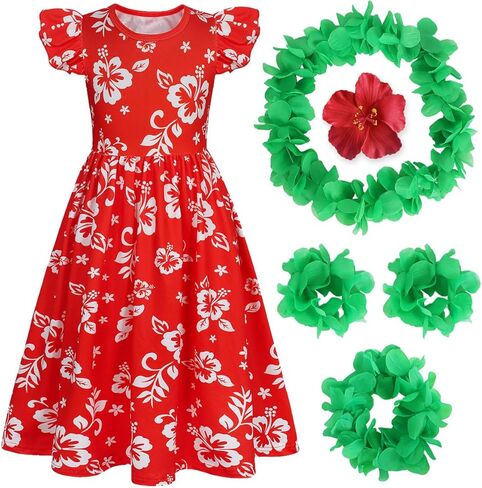 فستان بنيليون هاواي للفتيات الصيفي لباس ريد أوراق شمس الفساتين الفتيات عيد ميلاد هالوين ملابس in Kuwait