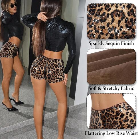 Ammiko Women’s Cheetah Print Micro Shorts Sequin Leopard Shorts Low Rise Y2K Sexy Short Mini Have Booty Club Outfits in Kuwait