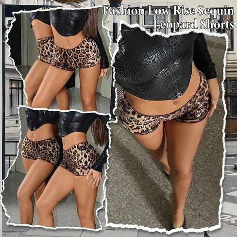 Ammiko Women’s Cheetah Print Micro Shorts Sequin Leopard Shorts Low Rise Y2K Sexy Short Mini Have Booty Club Outfits in Kuwait