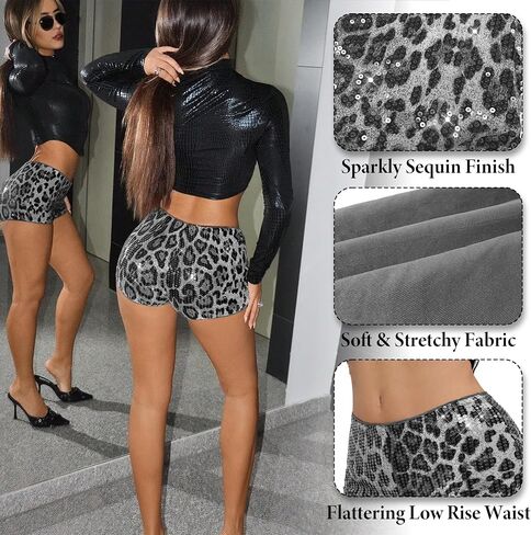 Ammiko Women’s Cheetah Print Micro Shorts Sequin Leopard Shorts Low Rise Y2K Sexy Short Mini Have Booty Club Outfits in Kuwait