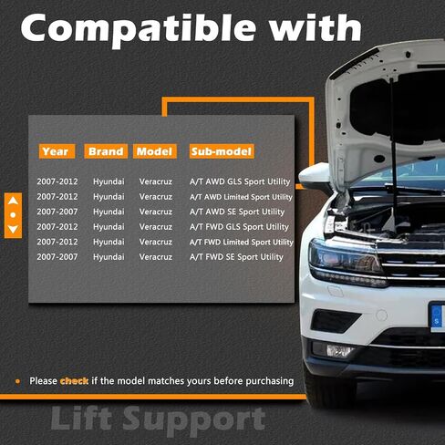 17.17 in 2Pcs Hood Lift Support Struts Gas Spring Shocks Rod Compatible with Hyundai Veracruz 2007-2012 Replaces # 81160-3J000 (Note : 4 Door, Sport Utility) in Saudi Arabia