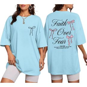 Faith Over Fear Shirt Oversized Christian Cute Bow Shirts for Women Bible Verse Religious Tshirts Coquette Tops in Kuwait