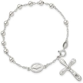 925 Sterling Silver Polished Beaded Single Decade Rosary Bracelet 7.5" in Kuwait