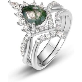1.0CT Pear Shaped Moss Agate Engagement Rings for Women 14K Gold Plated 925 Sterling Silver Natural Moss Agate Ring Set Twisted Infinity Ring Vintage Halo Bridal Set 2pcs V Shaped Wedding Band Anniversary in Saudi Arabia