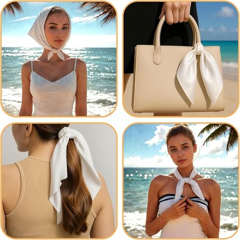 White Silk Feeling Scarf for Women, 23.6 Inch Square Head Scarves Satin Bandana Retro Purse Scarf for Handbags Neck Scarves for Costume Accessory in Kuwait