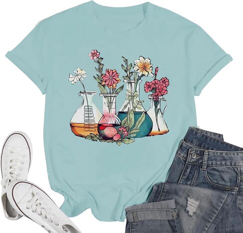 Science Teacher Shirt Women Floral Beakers Graphic Tee Chemistry Teacher Shirt Lab Gift Scientist Laboratory Tops in Saudi Arabia