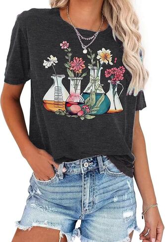 Science Teacher Shirt Women Floral Beakers Graphic Tee Chemistry Teacher Shirt Lab Gift Scientist Laboratory Tops in Saudi Arabia