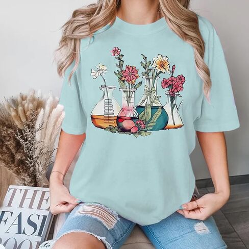 Science Teacher Shirt Women Floral Beakers Graphic Tee Chemistry Teacher Shirt Lab Gift Scientist Laboratory Tops in Saudi Arabia