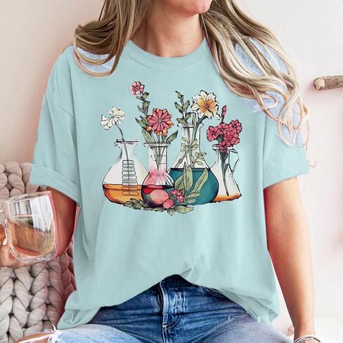Science Teacher Shirt Women Floral Beakers Graphic Tee Chemistry Teacher Shirt Lab Gift Scientist Laboratory Tops in Saudi Arabia