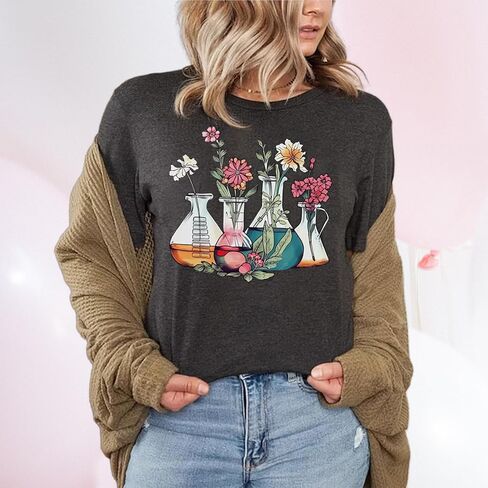 Science Teacher Shirt Women Floral Beakers Graphic Tee Chemistry Teacher Shirt Lab Gift Scientist Laboratory Tops in Saudi Arabia