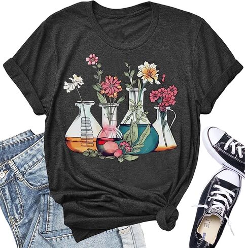 Science Teacher Shirt Women Floral Beakers Graphic Tee Chemistry Teacher Shirt Lab Gift Scientist Laboratory Tops in Saudi Arabia