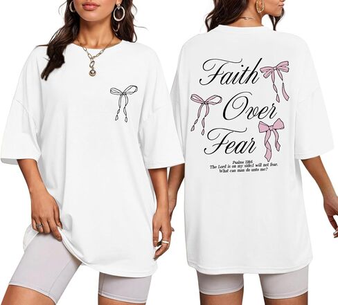 Faith Over Fear Shirt Oversized Christian Cute Bow Shirts for Women Bible Verse Religious Tshirts Coquette Tops in Kuwait