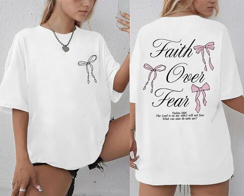 Faith Over Fear Shirt Oversized Christian Cute Bow Shirts for Women Bible Verse Religious Tshirts Coquette Tops in Kuwait