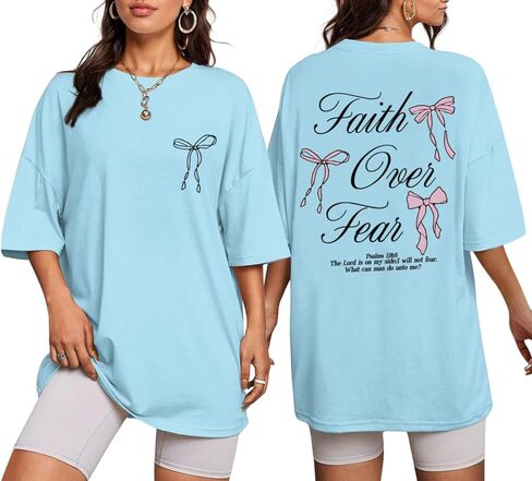 Faith Over Fear Shirt Oversized Christian Cute Bow Shirts for Women Bible Verse Religious Tshirts Coquette Tops in Kuwait
