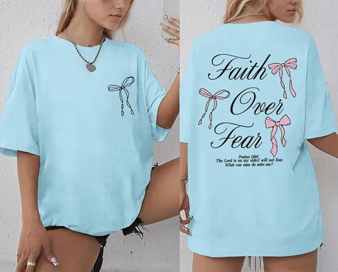 Faith Over Fear Shirt Oversized Christian Cute Bow Shirts for Women Bible Verse Religious Tshirts Coquette Tops in Kuwait