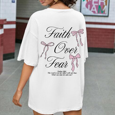 Faith Over Fear Shirt Oversized Christian Cute Bow Shirts for Women Bible Verse Religious Tshirts Coquette Tops in Kuwait