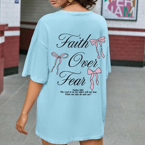 Faith Over Fear Shirt Oversized Christian Cute Bow Shirts for Women Bible Verse Religious Tshirts Coquette Tops in Kuwait