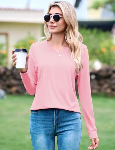 Yucolen Womens Long Sleeve Dorts Cotton V Tops Drock Counte Contter Disual Fall T Rosit in Kuwait