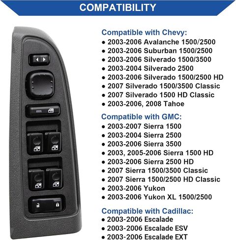 Master Power Window Switch Control Button & Bezel Compatible with 2003-2007 Chevrolet Silverado Avalanche Suburban Tahoe, GMC Sierra Yukon, Cadillac Escalade, Replaces 15883323, DWS220 in Saudi Arabia