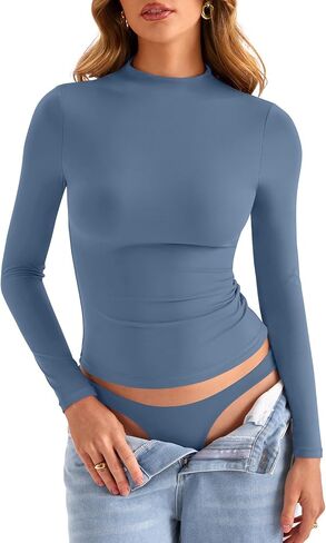 Womens Double Lined Mock Turtle Neck Long Sleeve Tops Slim Fitted Going Out Tops Basic T Shirts in Saudi Arabia