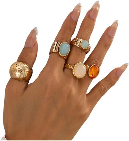 Chunky Gold Ring Set for Women Stackable Thick Acrylic Knuckle Rings Pack 5Pcs Hammered Resin Open Statement Rings Stack Trendy Jewelry Accessories in Kuwait
