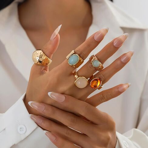 Chunky Gold Ring Set for Women Stackable Thick Acrylic Knuckle Rings Pack 5Pcs Hammered Resin Open Statement Rings Stack Trendy Jewelry Accessories in Kuwait