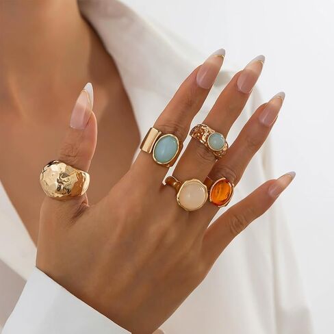 Chunky Gold Ring Set for Women Stackable Thick Acrylic Knuckle Rings Pack 5Pcs Hammered Resin Open Statement Rings Stack Trendy Jewelry Accessories in Kuwait