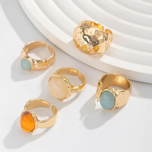Chunky Gold Ring Set for Women Stackable Thick Acrylic Knuckle Rings Pack 5Pcs Hammered Resin Open Statement Rings Stack Trendy Jewelry Accessories in Kuwait