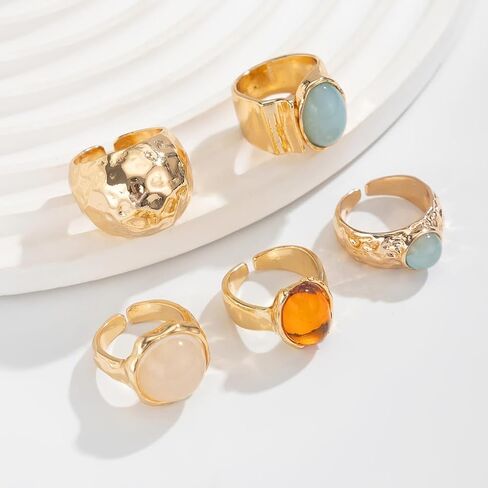 Chunky Gold Ring Set for Women Stackable Thick Acrylic Knuckle Rings Pack 5Pcs Hammered Resin Open Statement Rings Stack Trendy Jewelry Accessories in Kuwait