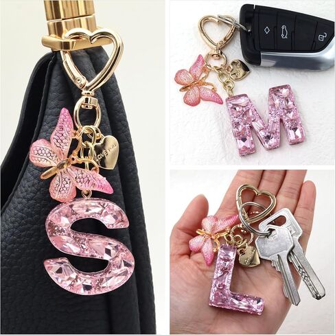 Cute Keychain for Women Initial Letter Key Chains Butterfly Heart Charm Pink Purple Bag Purse Charms for Handbags in Kuwait