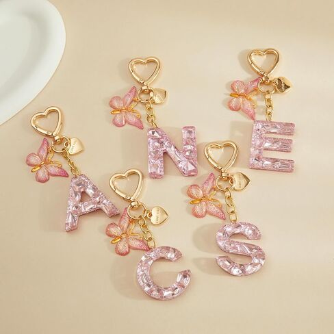 Cute Keychain for Women Initial Letter Key Chains Butterfly Heart Charm Pink Purple Bag Purse Charms for Handbags in Kuwait