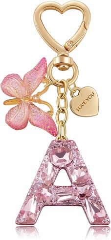 Cute Keychain for Women Initial Letter Key Chains Butterfly Heart Charm Pink Purple Bag Purse Charms for Handbags in Kuwait
