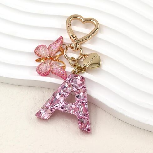 Cute Keychain for Women Initial Letter Key Chains Butterfly Heart Charm Pink Purple Bag Purse Charms for Handbags in Kuwait