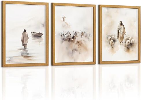 Christian Wall Art - Jesus Decor: 3 Pcs Jesus Wall Art, Christ Religion Canvas Wall Decor, Boho Art Home Pictures Posters Prints Paintings for Living Room, Bedroom, Church Decorations (12x16in Framed) in Kuwait