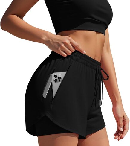Women's Running Shorts with Liner 3 Zipper Pockets Elastic Workout Athletic Gym Yoga Shorts in Saudi Arabia