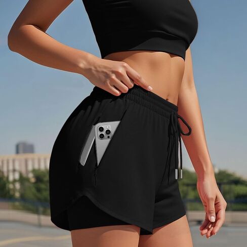 Women's Running Shorts with Liner 3 Zipper Pockets Elastic Workout Athletic Gym Yoga Shorts in Saudi Arabia
