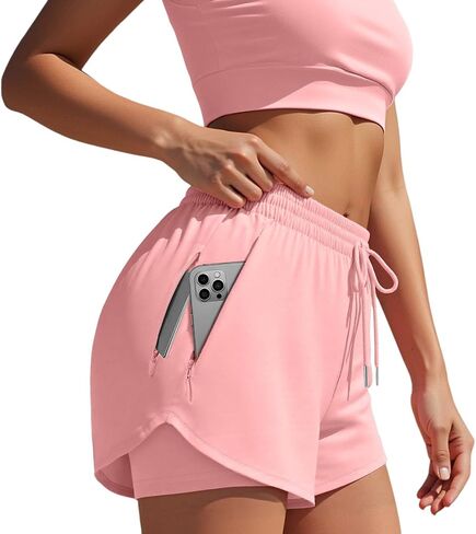 Women's Running Shorts with Liner 3 Zipper Pockets Elastic Workout Athletic Gym Yoga Shorts in Saudi Arabia