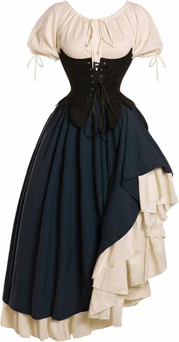 Medieval Renaissance Costume Women Cottagecore Corset Dress 3pcs Set in Kuwait