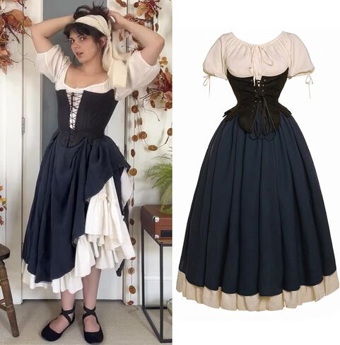 Medieval Renaissance Costume Women Cottagecore Corset Dress 3pcs Set in Kuwait