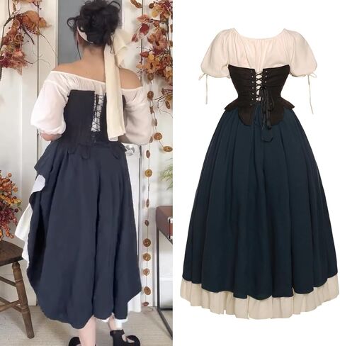Medieval Renaissance Costume Women Cottagecore Corset Dress 3pcs Set in Kuwait
