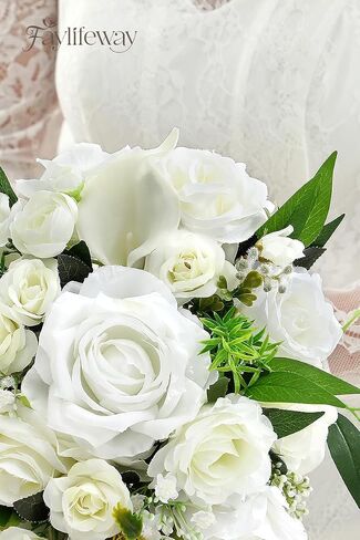 باقات الزفاف للعروس ، باقة الزفاف المتتالية البيضاء الزهور الاصطناعية ， 9.8 بوصة باقات العروس لزينة الزفاف ، حفل بوهو ، الكنيسة ، الذكرى السنوية in Kuwait