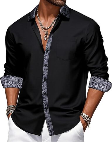 Barry.Wang Mens Business Shirts Long Sleeve Button Down Formal Shirt Collar Cuff Contrast Casual Dress Shirt Party Disco in Kuwait