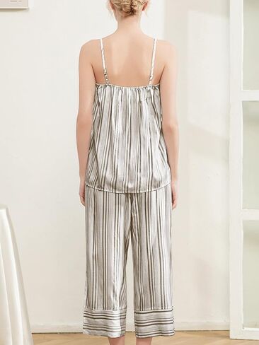 Women's Pajama-Sets – Striped Two-Piece Sleepwear Spaghetti Strap Camisole Top and Elastic Waistband Capri Pants in Saudi Arabia